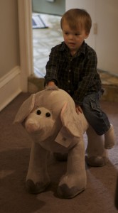 Riding his new elephant.