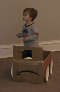 Brenden had been enjoying playing in this box, so we turned it into a car.