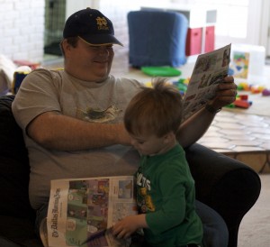 When I went to get the camera Brenden was sitting on the couch mimicing Patrick with the paper. Even though he moved, I thought this was pretty cute.